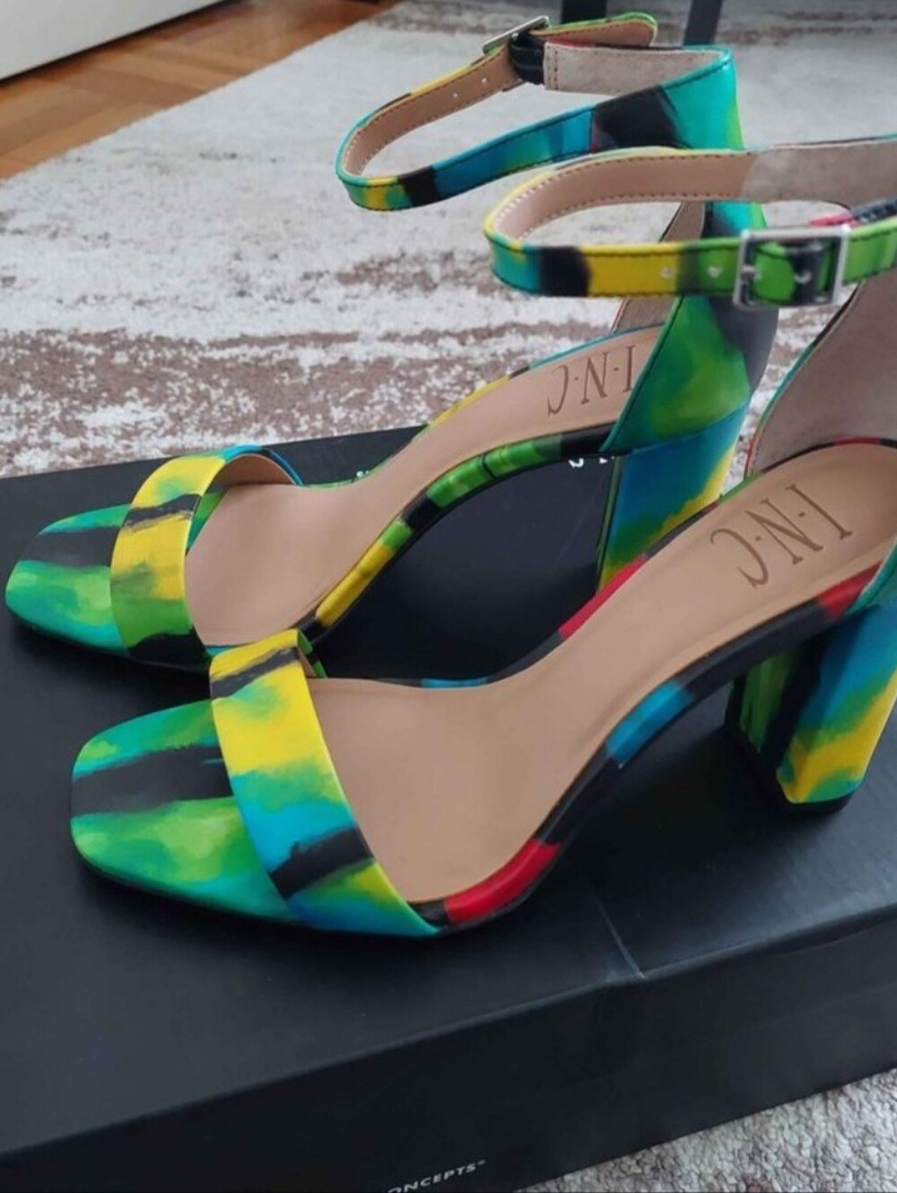 INC International Concepts women’s colorful block heel sandals, size 6W (Wide).